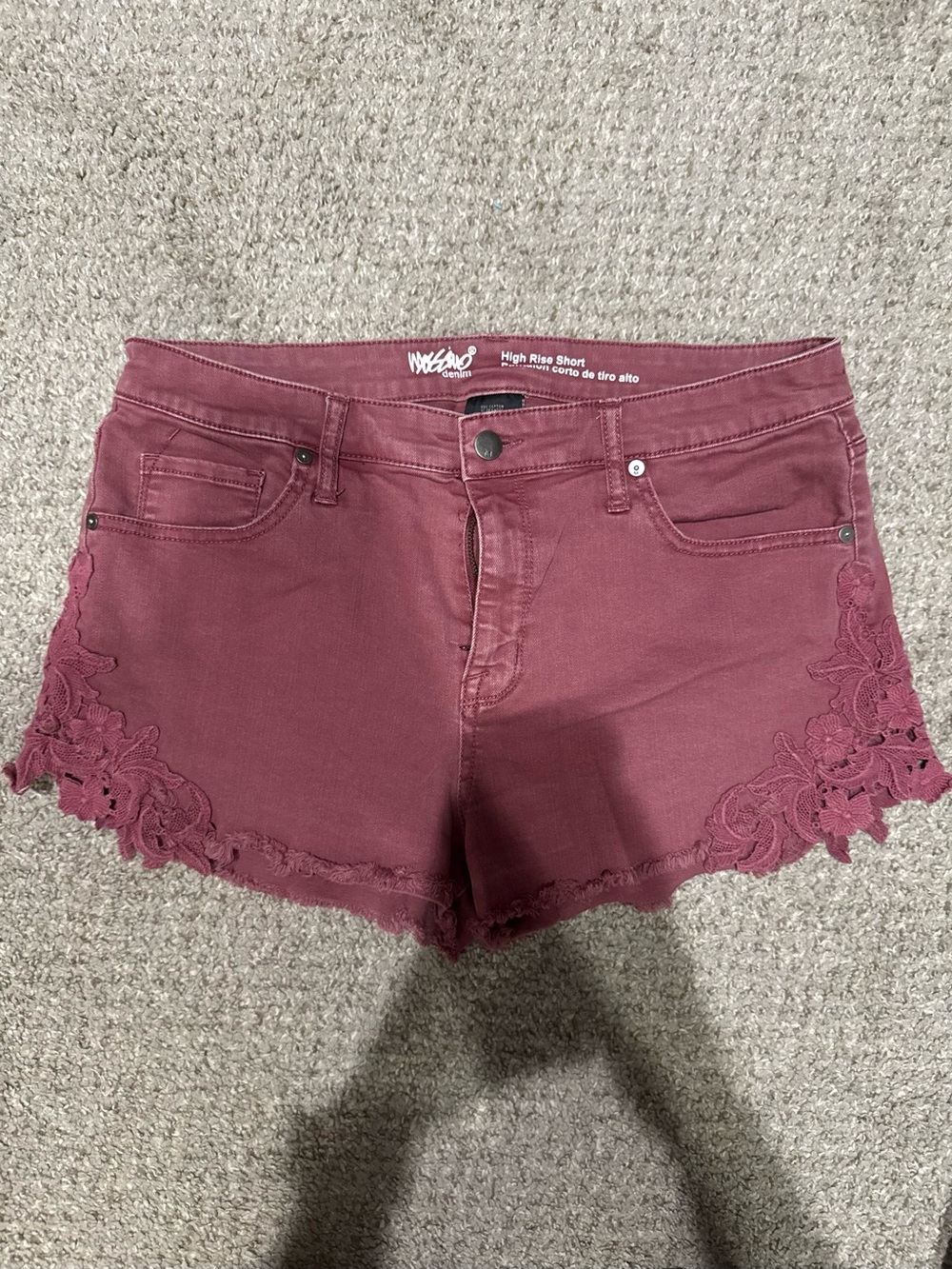 High-Rise Lace-Trim Jean Shorts in Wine - Wassio denim